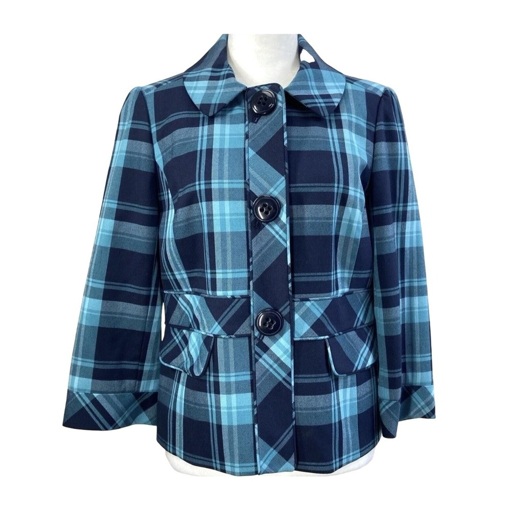 Halogen Womens Blue Plaid 3/4 Sleeve Peplum Jacket Medium HA220071
